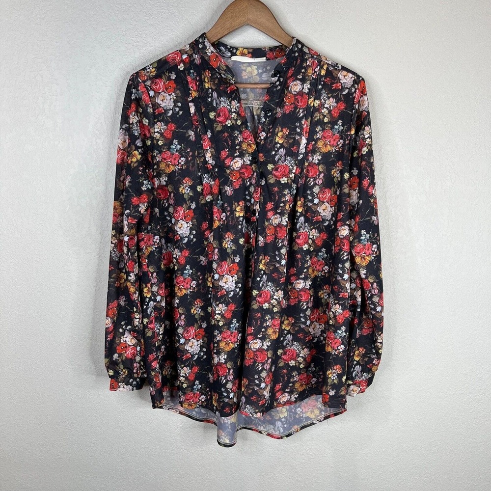 Women's Popover Blouse Top Black Multi Floral Print Long Sleeve Pleated Boho VTG